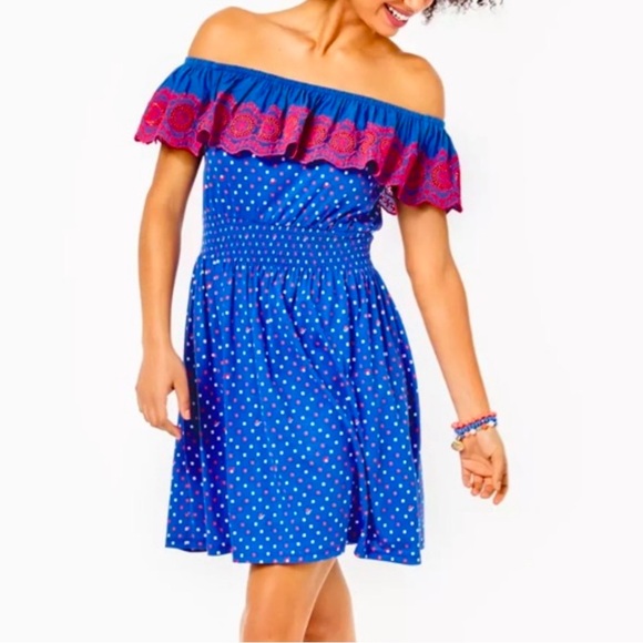 Lilly Pulitzer Dresses & Skirts - lilly pulitzer Off-Shoulder Blue Polka Dot Dress with Pink Ruffle Size M